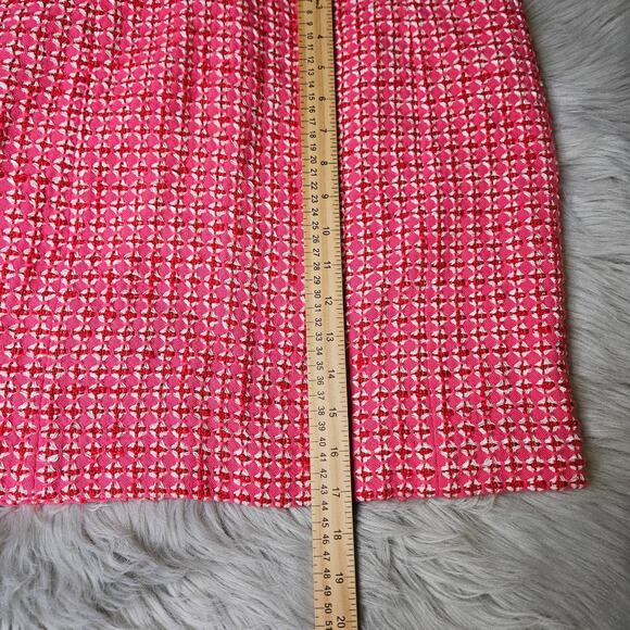 Womens Tory Burch Pink White Tweed Skirt Size 12 Navy Blue Fringe Zip Back - Picture 10 of 13